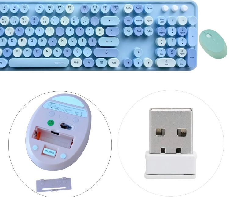 Bilişim Burada  Mofii Sweet Serisi Retro Yuvarlak Tuşlu Mor Kablosuz Klavye Mouse Set Türkçe